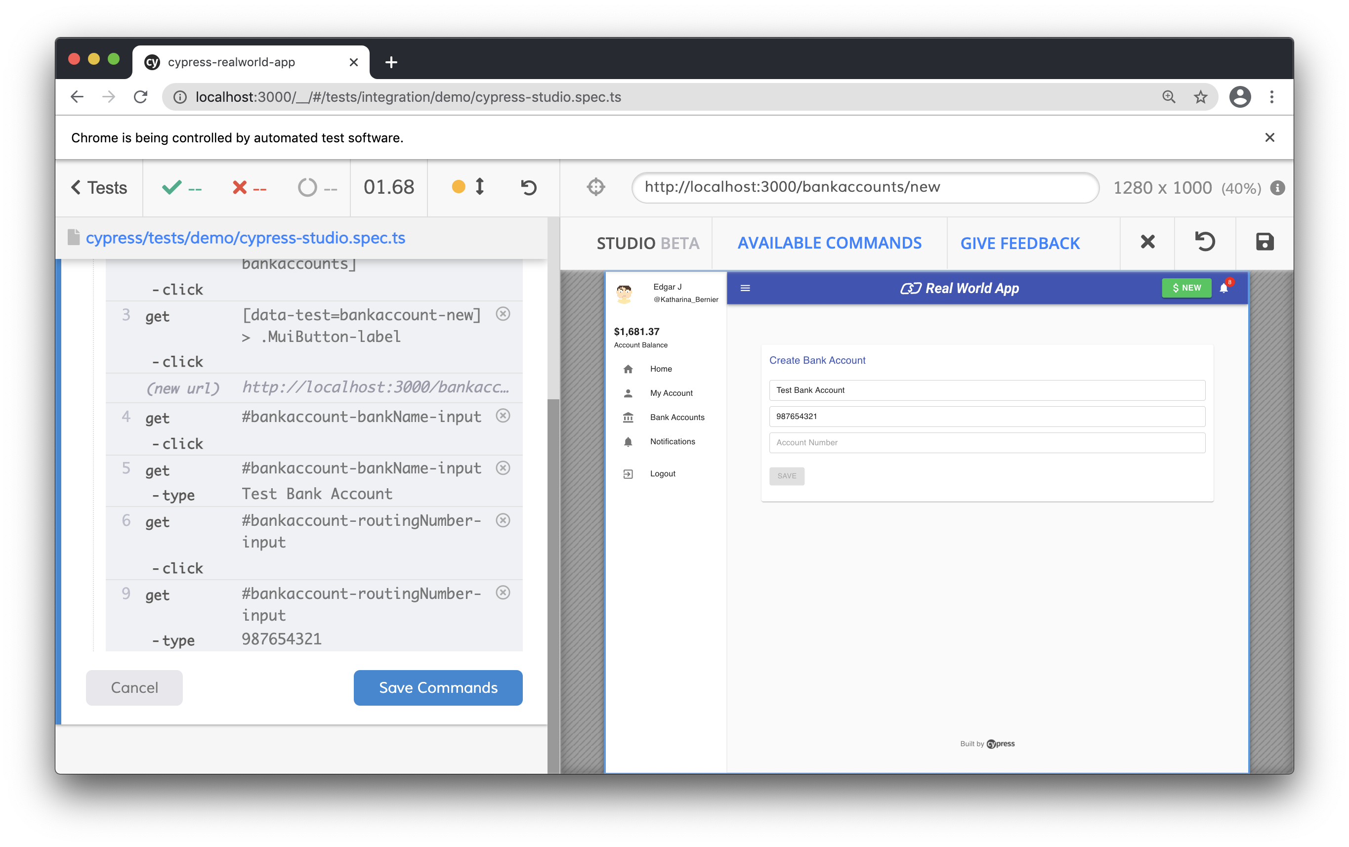 Cypress Studio Add Test Saving Bank Account